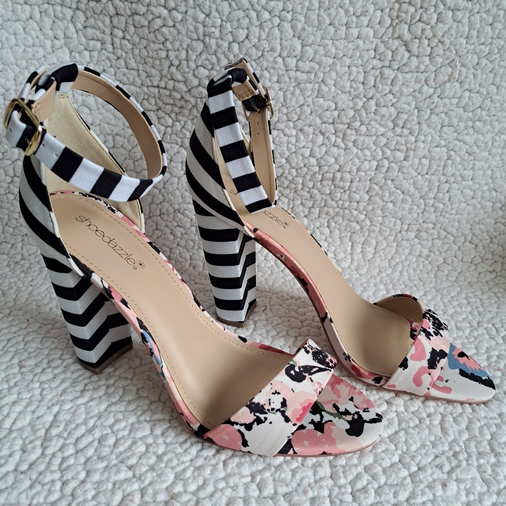 Shoe Dazzle Black and Pink Striped Heels